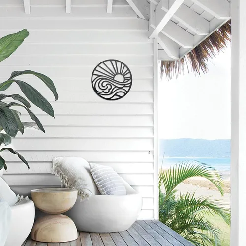 Miniatura 5 de Urbraneco Adorno de pared de metal con diseño de sol y ondas, diseño minimalista de línea de amanecer, letrero redondo para sala de estar, cocina