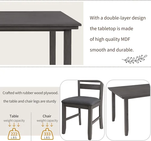Miniatura 4 de Mesa y sillas de comedor con banco, juego de comedor de madera rústica, juego de 6 (gris)
