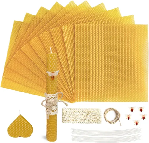 Kit de fabricación de velas de cera de abeja Lacaser, 10 piezas de 20,3 cm x 20,3 cm, hojas 100% de cera de abeja para hacer velas - Incluye adornos