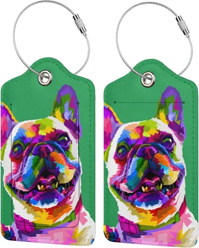 Lindas etiquetas de equipaje de perro francés para niños y niñas y adultos, juego de 2 elegantes colores artísticos de animales sobre fondo verde,