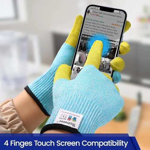 Miniatura 2 de Guantes Schwer SlicePro patentados resistentes al corte AR1345 con refuerzo ANSI A9 de 4 dedos, guantes de corte de grado alimenticio y pantalla