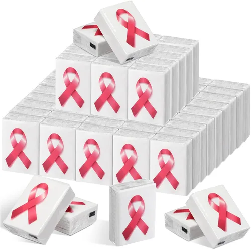 Ireer 50 pañuelos de bolsillo de cinta rosa para concienciación sobre el cáncer de mama, papel de seda de viaje, pañuelo facial de viaje, mini Blanco