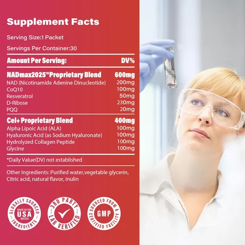 Miniatura 3 de Suplemento de Bolsitas Líquidas NAD+ 1000mg - Ribósido de Nicotinamida Premium y Resveratrol para Energía Celular, Potenciador NAD Avanzado