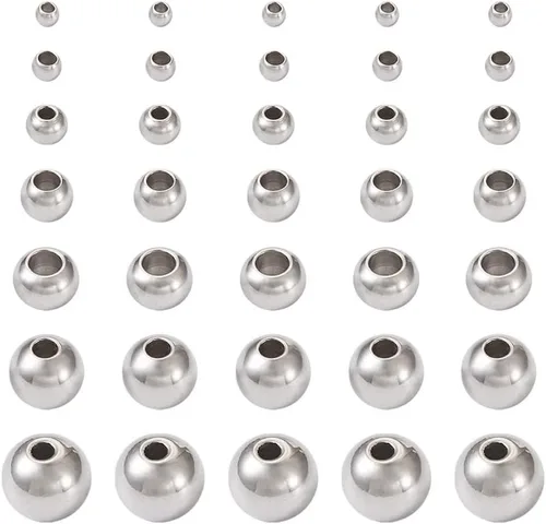 500 cuentas redondas de acero inoxidable 304, 7 estilos, acero metálico, cuentas espaciadoras lisas de 0.079 in, 0.118 in, 0.157 in, 0.197 in, 0.236