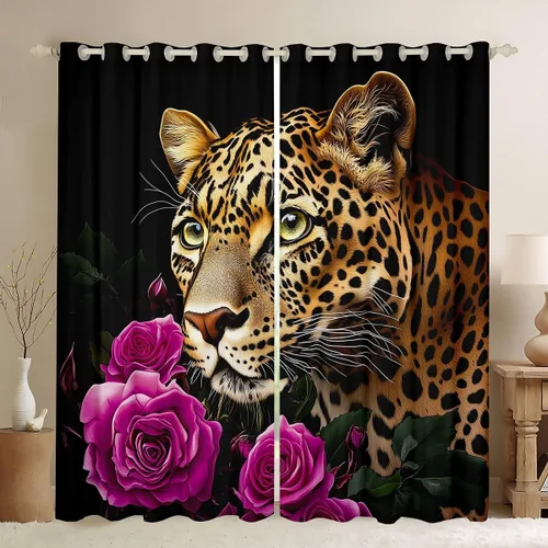 Miniatura 9 de Erosebridal Cortinas de Rosas Rojas 3D Tratamientos para Ventanas de Guepardo, Paneles de Cortinas con Estampado de Gato Leopardo para Sala
