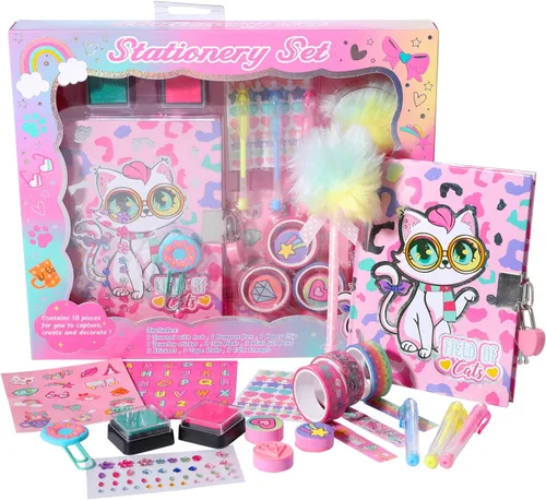 Diario de gato para niñas con cerradura, juego de papelería de gato con diario secreto, sellos, bolígrafos, cuaderno de diario, regalos de Set de