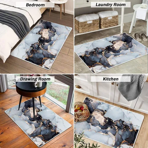 Miniatura 4 de Alfombra abstracta moderna de 2 x 3 pies, alfombra de baño con textura de mármol azul, antideslizante, lavable, alfombra de pelo bajo