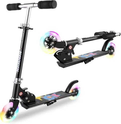 Patinete para niños de 3 a 12 años - Patinetes para niños con ruedas LED iluminadas y manillar ajustable en 3 niveles, patinete rosa plegable y