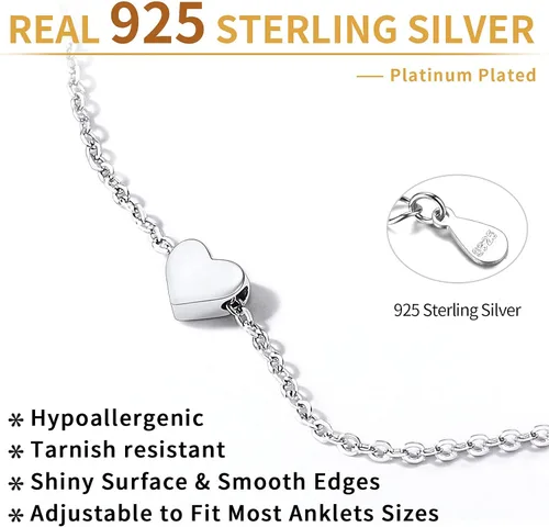Miniatura 5 de ChicSilver - Personalizado 925 plata de ley, diminuto corazón, luna, estrella, sol, punto, triángulo. Tobilleras sencillas, joyas para el pie