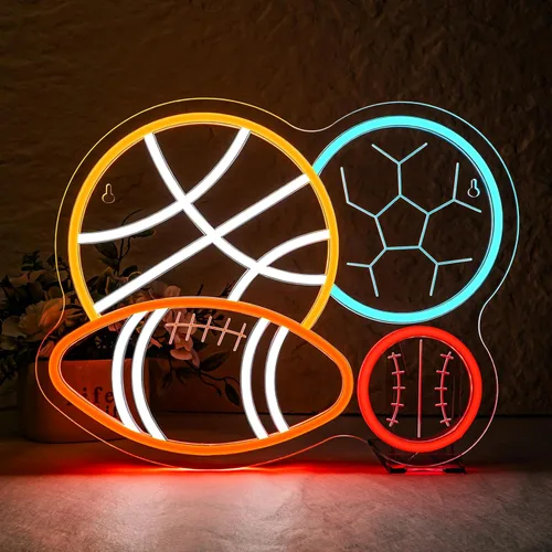 NOSUN Letrero de neón con combinación deportiva de 4 bolas para dormitorio de niño, hombre, cueva, fútbol, fútbol, baloncesto, béisbol, luz de neón,