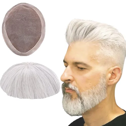 Miniatura 12 de Toupee - Sistema de reemplazo de cabello humano virgen europeo de 7 x 9 pulgadas para hombre, postizo de encaje mono con poliuretano duradero #2
