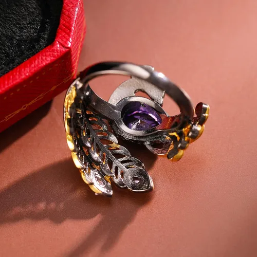 Miniatura 8 de Gothic Golden Feather Amethyst Rings - Black Peacock Rhinestone Copper Rings