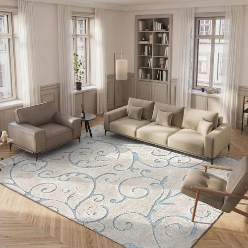 SAFAVIEH Florida Shag Collection - Alfombra de área de 5 pies 3 pulgadas x 7 pies 6 pulgadas, beige y gris azulado, diseño de volutas, no desprende