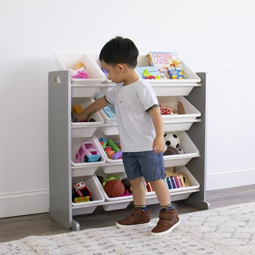 Miniatura 4 de Humble Crew Organizador de almacenamiento de juguetes para niños con 12 cubos de plástico, gris/blanco, contenedores extraíbles para sala