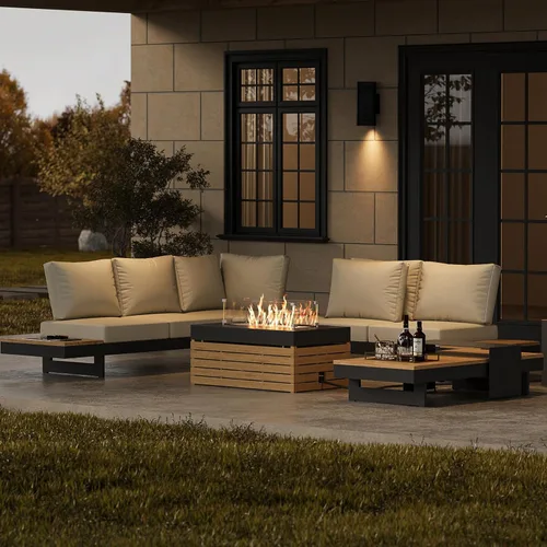 Miniatura 13 de homary Juego de 6 sofás seccionales de aluminio y teca para exteriores con respaldos ajustables, cojines impermeables, ideal para patios y balcones
