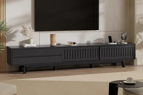 Soporte de TV para televisores de hasta 85 pulgadas, centro de entretenimiento de 78.7 pulgadas con almacenamiento y toma de corriente, consola