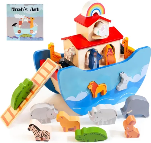 JUSTWOOD Juego de Juguetes de Animales del Arca de Noé de Madera, Juguetes de Historia Bíblica Regalo de Bautismo para Niños y Niñas de 1+ Años,