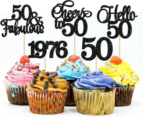 Miniatura 32 de Gyufise Paquete de 24 adornos negros para cupcakes de 10.º cumpleaños con purpurina negra 10 Ten Hello 10 Dights dobles desde 2015 para decoraciones