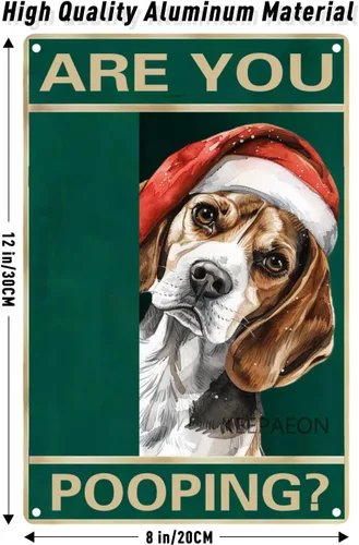 Miniatura 4 de Letrero de metal con texto en inglés "Beagle" Are You Pooping de 12 x 8 pulgadas, letrero de Navidad vintage, con sombrero de Papá Noel, divertido