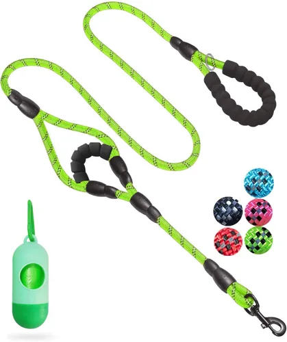 Miniatura 9 de JSXD Correa resistente de doble asa para perro, 5 pies, acolchada y reflectante, cuerda para perros pequeños a grandes (negro)