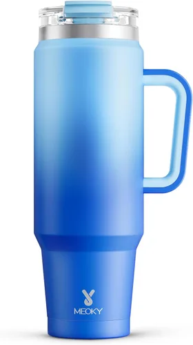 Miniatura 15 de Meoky Vaso de 40 onzas con asa y pajita, vaso aislado con tapa y popote, taza de viaje de acero inoxidable, mantiene el frío durante 34 horas, 100%