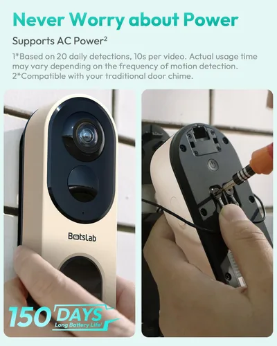 Miniatura 7 de BOTSLAB Timbre de puerta inalámbrico, timbre de video de 5 MP con vista panorámica de 180°, campana de puerta alimentada por batería o con cable