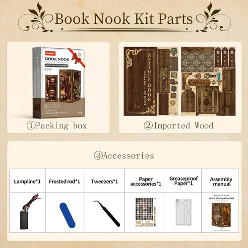 Miniatura 7 de Kit de rincón de libros – (edición clásica) – Rompecabezas de madera en miniatura de bricolaje Sala de colección de libros vintage con luces LED