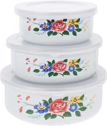 Kichvoe Juego de 3 cuencos esmaltados con tapas de 4.72 pulgadas, almacenamiento de alimentos vintage y cuencos de ensalada para servir sopa, pasta,