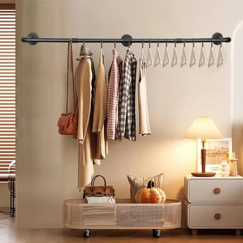 Miniatura 5 de Barra Industrial de Tubo de Hierro para Colgar Ropa DIY Perchero de Pared para Ropa Resistente para Dormitorio, Cuarto de Lavandería, Almacenamiento