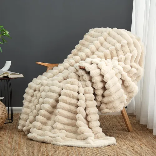 Cozy Bliss Manta de Tiro de Piel Sintética para Sofá, Manta de Felpa Acogedora y Cálida a Rayas para Sofá Dormitorio Sala de Estar, 50 x 60 Pulgadas