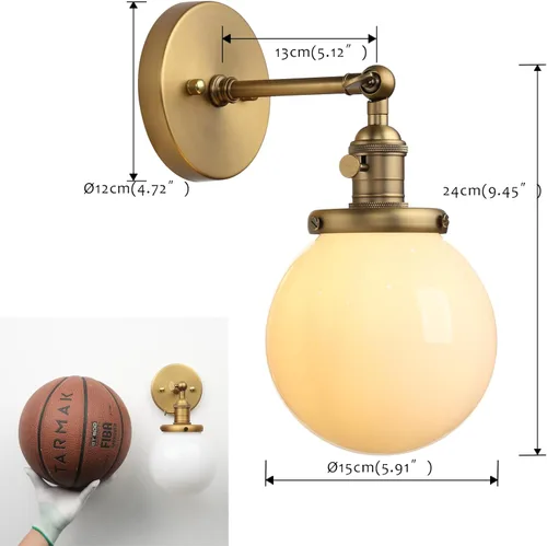 Miniatura 5 de Pathson Aplique de pared cableado con globo blanco, luz de tocador de baño de latón con interruptor de encendido y apagado, lámparas de pared