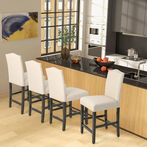 Miniatura 9 de COSTWAY Juego de 2 taburetes de bar, sillas tapizadas de lino con patas de madera de goma maciza, sillas de bar de madera para isla de cocina de 25