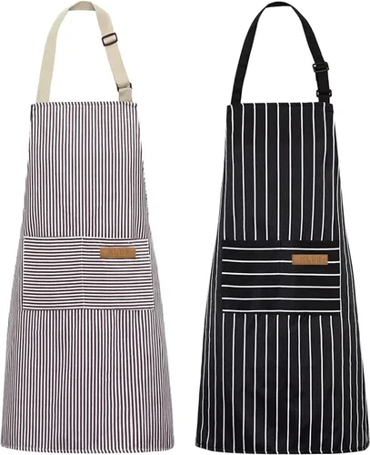 NLUS Paquete de 2 delantales de cocina de cocina, delantal de chef ajustable suave con 2 bolsillos para hombres y mujeres (rayas negras y marrones)