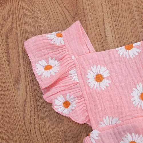 Miniatura 5 de Bebé Niñas Impresión Margarita Algodón Lino Volantes Sin Mangas Mameluco Mono Mono con Headaband Ropa Infantil Verano