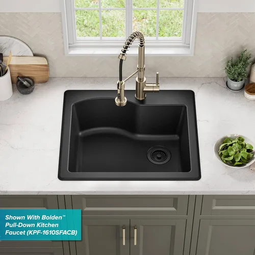 Miniatura 11 de KRAUS Quarza - Fregadero de cocina de granito de instalación empotrada/sobre encimera de un solo seno, 25 pulgadas, color negro, KGD-441BLACK