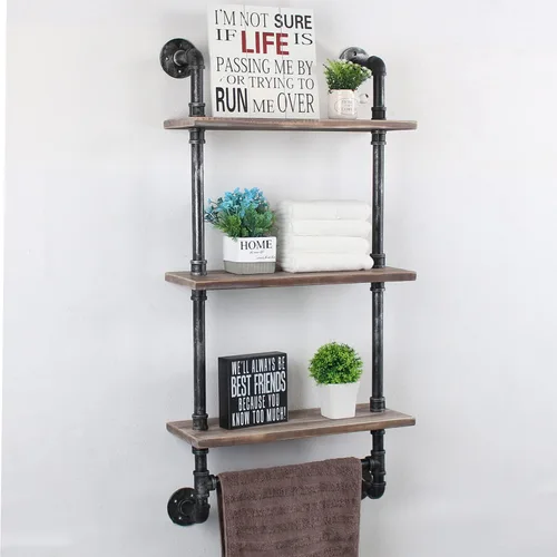 Miniatura 9 de MBQQ Estante de tubería industrial para baño, estantes montados en la pared, estante de madera rústica de 19.6 pulgadas con toallero, toallero