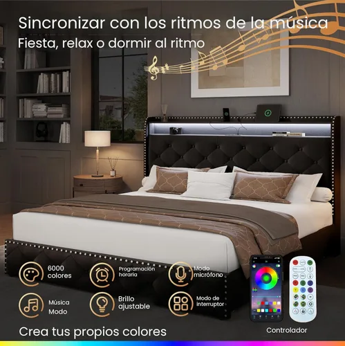 Miniatura 3 de LARMACE Base de cama tamaño King con 4 cajones de almacenamiento, base de cama tapizada de terciopelo, plataforma King con luces LED y estación