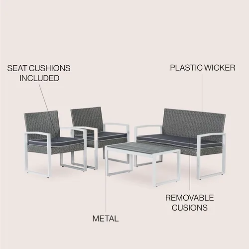 Miniatura 3 de JONATHAN Y Elina LVG1102A-4SET - Juego de 4 piezas para patio al aire libre, muebles modernos de mimbre con cojines y mesa de centro de madera