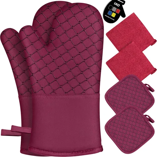 Miniatura 9 de 6 guantes de horno y soportes para ollas, resistentes al calor de 500 ℉ con toallas de cocina, forro de algodón suave y superficie de silicona Gris