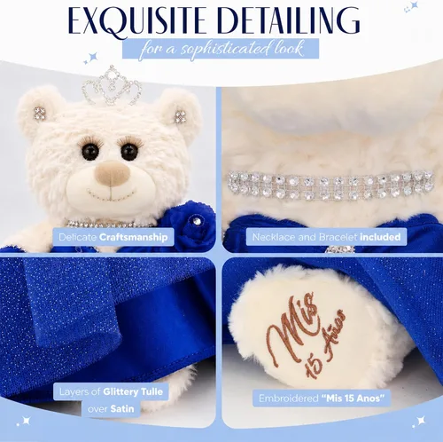 Miniatura 6 de Muñeca de centro de mesa de oso de quinceañera de 12 pulgadas con elegante vestido de tul en capas y soporte ajustable, regalo de decoraciones