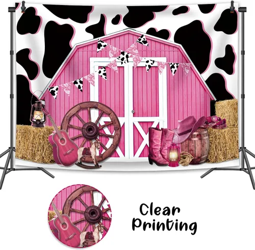 Miniatura 8 de Telón de fondo de cumpleaños de vaquera, 5 x 3 pies, color rosa, para fiesta de cumpleaños, granero, granero occidental, fondo de granero, ducha