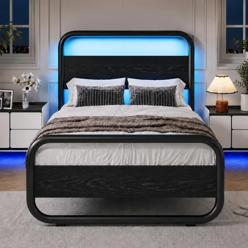 Catrimown - Marco para cama individual con luces LED, marco de cama plataforma individual resistente de metal rústico con cabecera de madera,