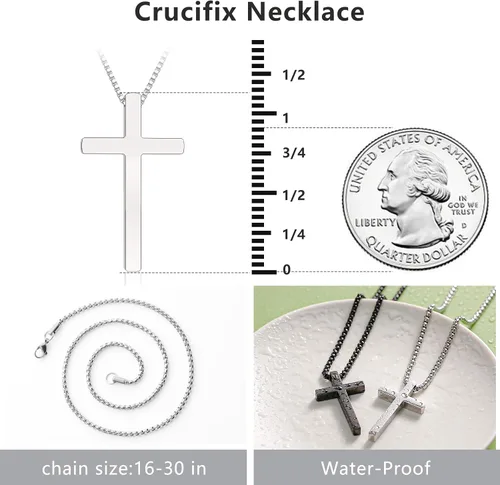 Miniatura 5 de Romass 2 collares de cruz para hombres y niños, dije de acero inoxidable, cadena de cruces plateadas, negras, caja de regalo de 16 a 30 pulgadas