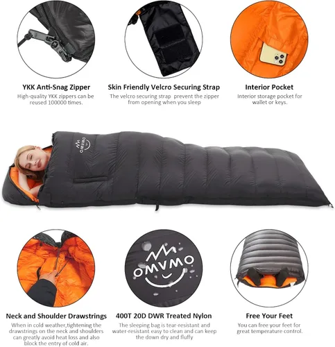 Miniatura 2 de Saco de dormir de plumón de 0 a 20 grados F para adultos, sobre de 4 estaciones con agujeros para los brazos, portátil para mochileros