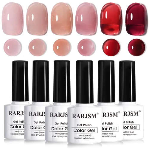 Miniatura 34 de RARJSM Juego de Esmaltes de Gel Nude Colección Jelly Pink de 6 Colores Naturales Transparentes Rosa Translúcido Lechoso Malva Morado Marrón Claro