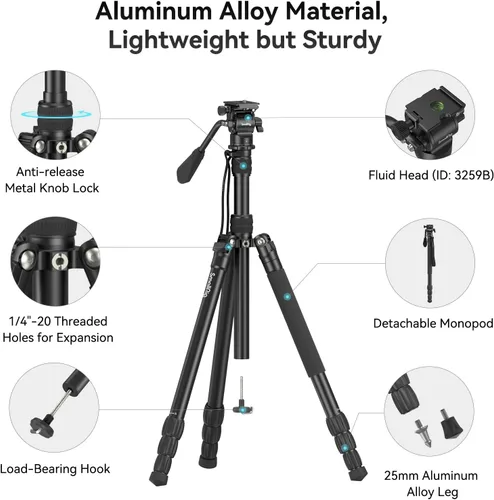 Miniatura 7 de SmallRig CT180 Trípode de Video, Trípode de Cámara de 72" Monopie con Cabezal Fluido, Trípode de Cámara de Aluminio, Cabezal Fluido Panorámico