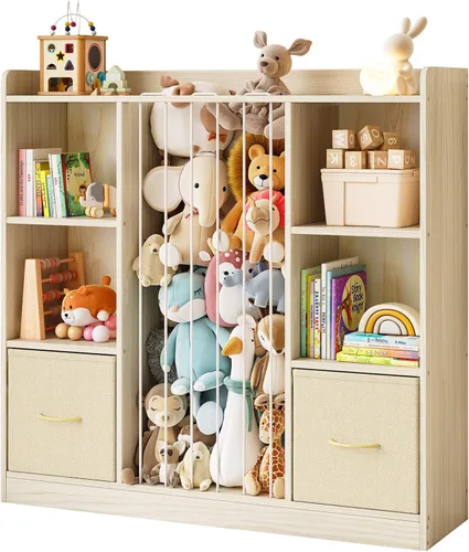 Miniatura 10 de Organizador de almacenamiento de juguetes con almacenamiento de animales de peluche, organizador de juguetes de madera de pino macizo y zoológico