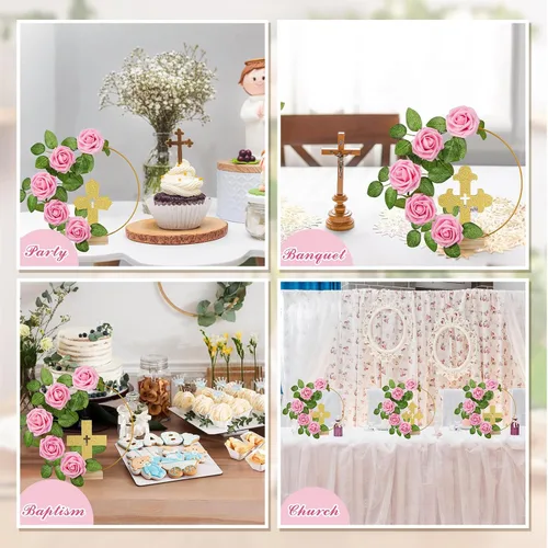 Miniatura 5 de Wesiti 48 piezas Centro de mesa para bautizo, decoración de mesa para primera comunión, 12 cruces de madera, 12 aros florales con soporte, 24 rosas