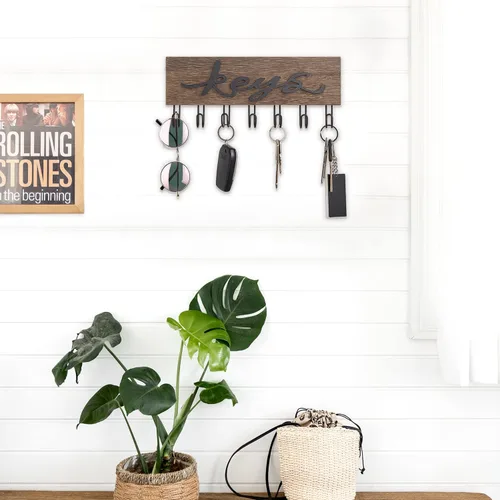 Miniatura 2 de Mkono Soporte para llaves de pared decorativo con 7 ganchos, organizador de llaves montado en la pared, ganchos para llaves colgantes de madera