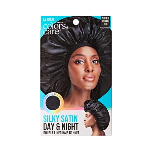 KISS Colors & Care Gorro de satén sedoso para día y noche, gorro de pelo de tamaño jumbo para todo tipo de cabello y texturas, transpirable, tela de